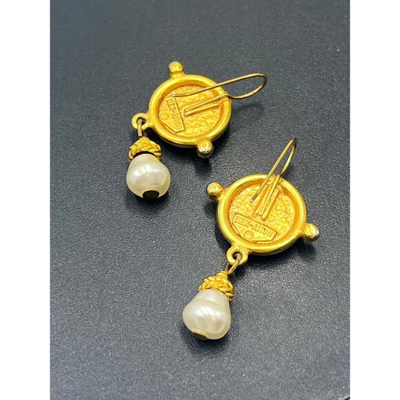 Ben-Amun Gold Plated‎ Coin Roman Inspired White Glass Pearl Dangle Earrings - Picture 5 of 8